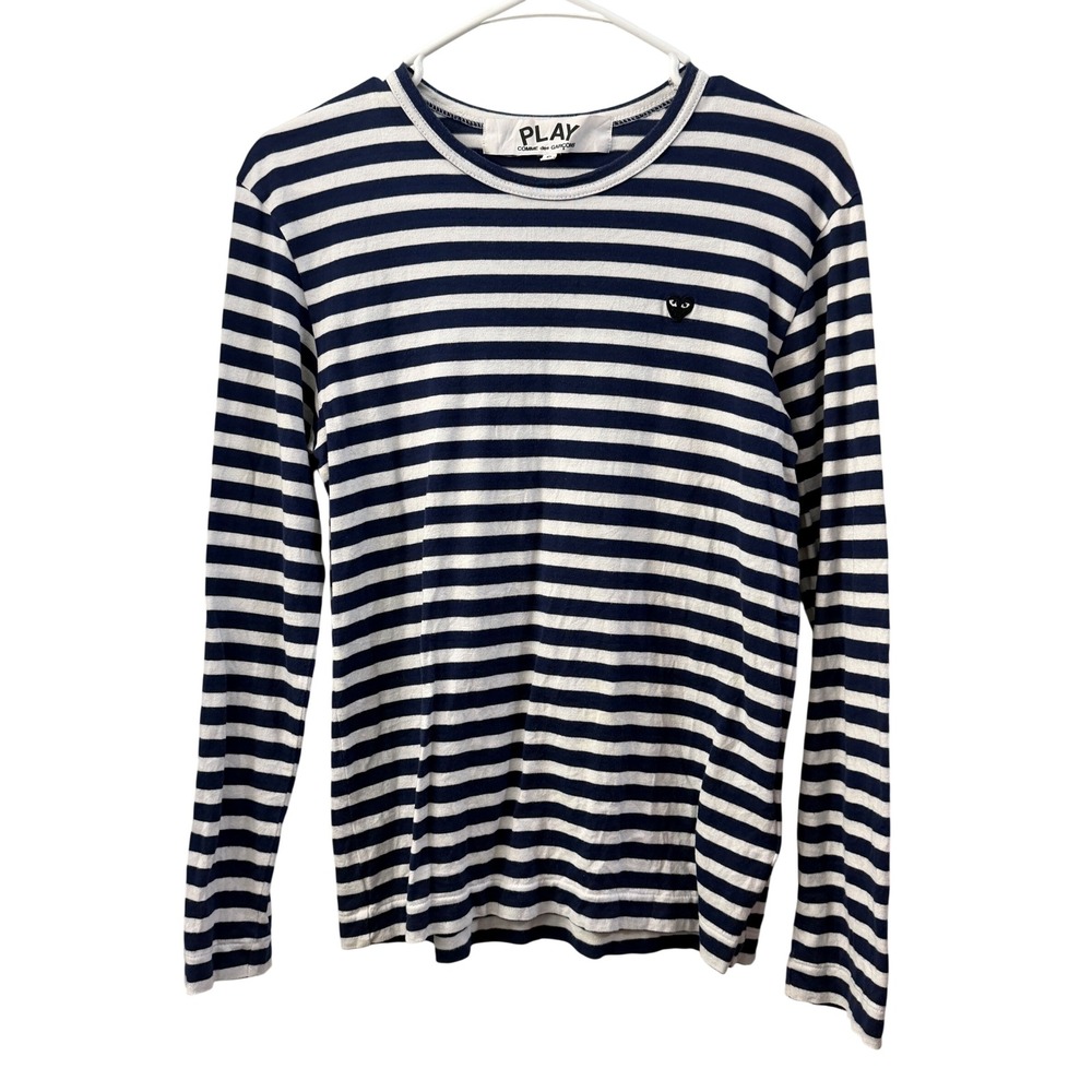 Comme des Garcons PLAY Striped Long Sleeve T-Shirt Navy White Black Heart Size S